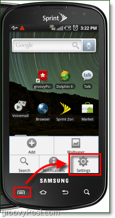 lansați aplicația de setări din butonul de meniu de pe Android