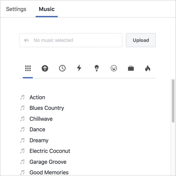 Faceți clic pe fila Muzică și încărcați propriul sunet sau selectați o piesă din biblioteca Facebook.