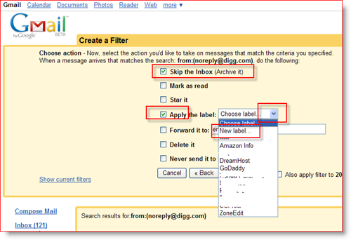Creați acțiuni de filtrare GMail și atribuiți eticheta