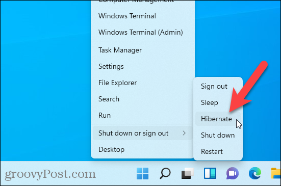 Opțiunea de hibernare disponibilă în meniul Windows + X din Windows 11