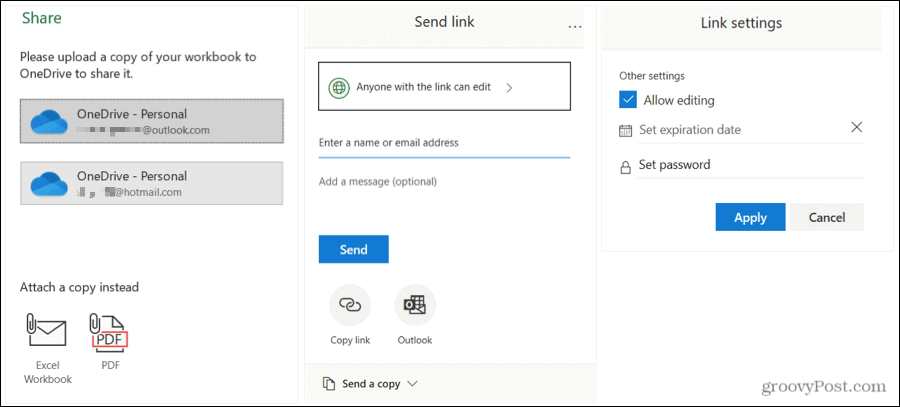 Partajați setările de trimitere și conectare Excel pe Windows