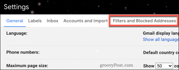 Meniul filtrelor Gmail