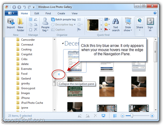 Afișați / Ascundeți panoul de navigare în Galeria de fotografii Windows Live 