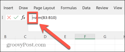 bara de formule excel cursorul stânga de egal