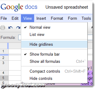 Ascundeți liniile de grilă în meniul Google Docs