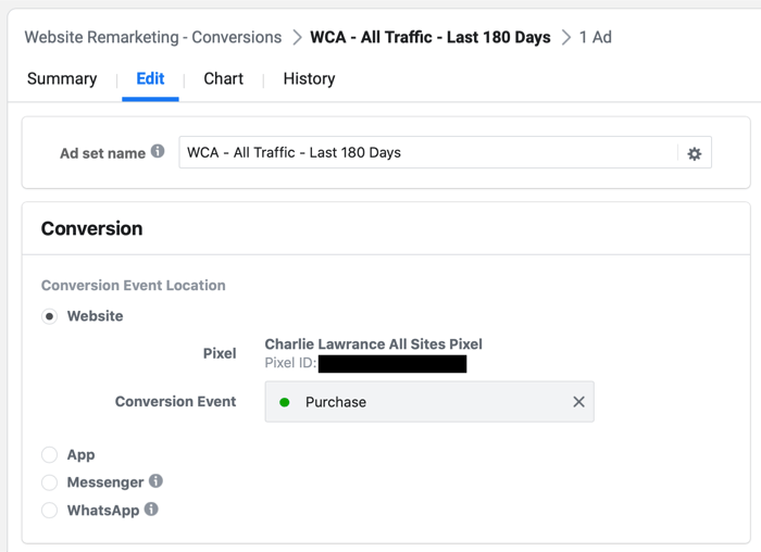 selectați Cumpărare sau eveniment principal în Facebook Ads Manager în timpul configurării campaniei de remarketing