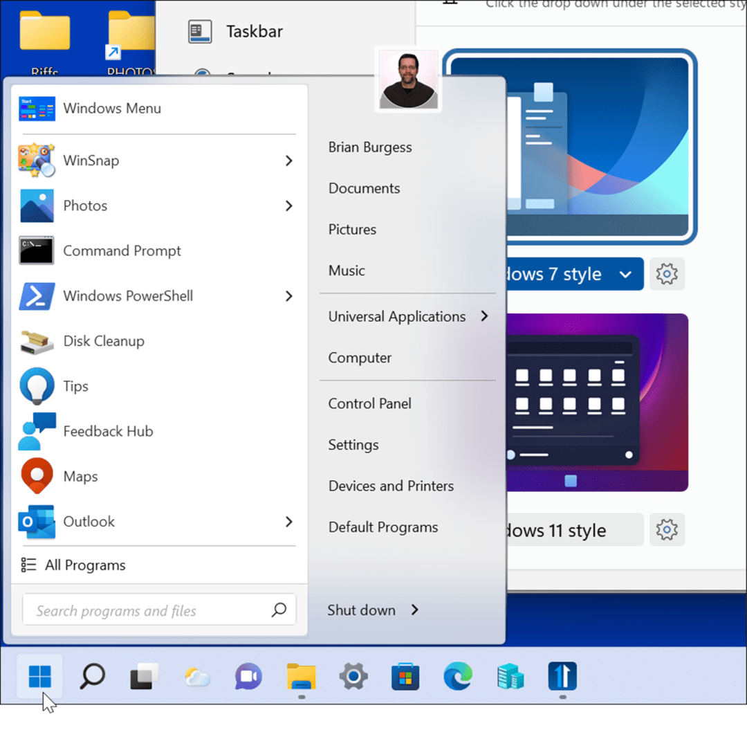 Stilul Windows 7 îmbunătățește meniul de pornire și bara de activități Windows 11 cu Windows 11