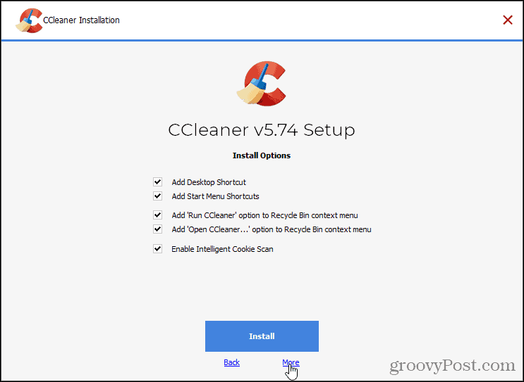 Faceți clic pe Mai multe pe instalarea CCleaner