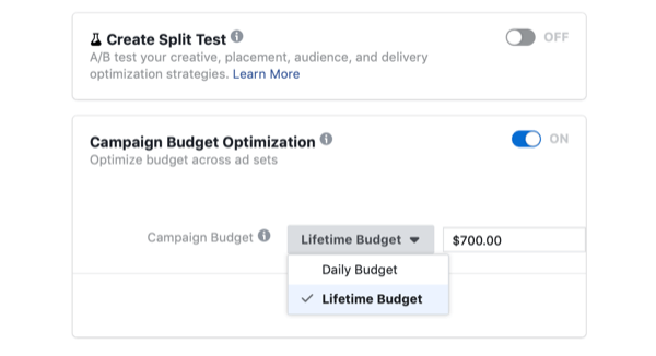 selectând Optimizarea bugetului campaniei și bugetul pe viață pentru campania Facebook în ziua vânzării flash