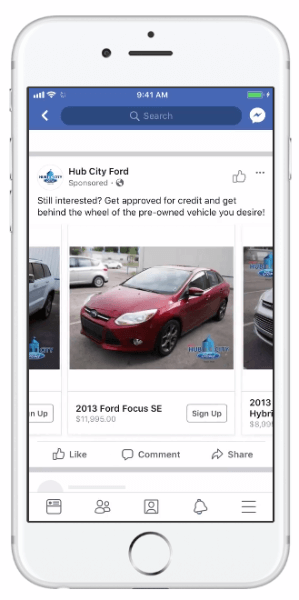 Facebook a introdus reclame dinamice care permit companiilor auto să își folosească catalogul de vehicule pentru a crește relevanța reclamei lor.