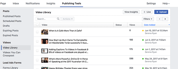 Biblioteca video de pe Facebook conține toate videoclipurile publicate și nepublicate. Videoclipurile cu punct galben sunt nepublicate, iar videoclipurile cu punct verde sunt publicate.