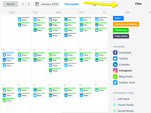 Cum să organizați sarcini de marketing pe rețelele sociale, prezentare generală a calendarului ContentCal cu filtre
