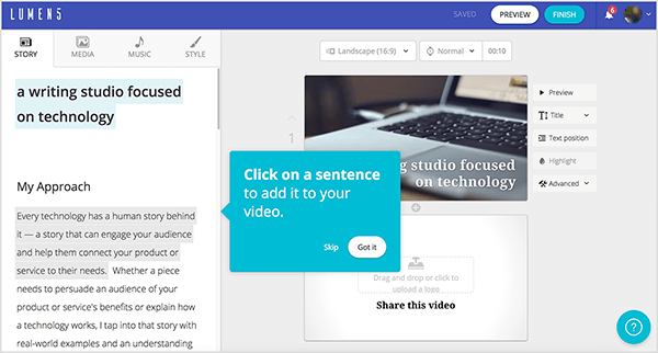 Interfața Lumen5 vă arată articolul în stânga și caracteristicile de editare a diapozitivelor pe baza articolului din dreapta. În plus față de fila Poveste din stânga, care afișează textul articolului sursă, puteți selecta și filele Media, Muzică și Stil. Un buton Previzualizare din partea de sus a interfeței vă permite să previzualizați diapozitivele ca un videoclip.