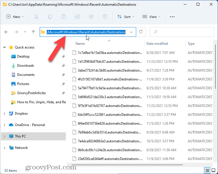 Accesați folderul AutomaticDestination în File Explorer