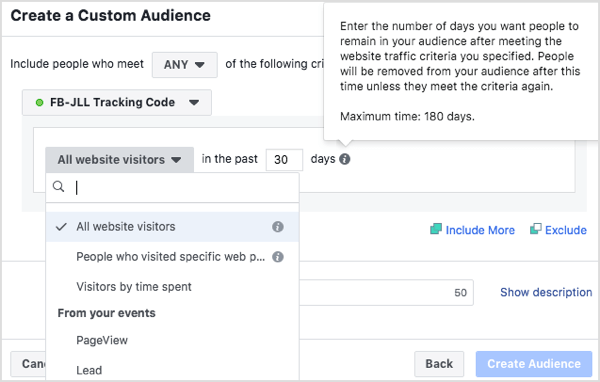 Creați segmente de public personalizate ale persoanelor care v-au vizitat site-ul în ultimele 30 de zile, 60 de zile, 90 de zile și 180 de zile. 