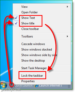 dezactivați textul și titlul rapid de lansare în Windows 7, blocați bara de activități