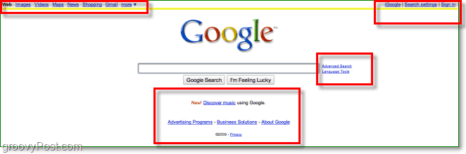 pagina principală Google înainte de aspectul decolorat, atât de aglomerat