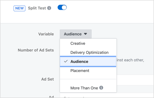 Selectați o variabilă de testat cu funcția de testare pe Facebook.