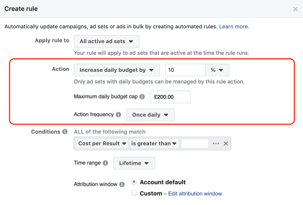 Utilizați regulile automatizate Facebook, creșteți bugetul atunci când rentabilitatea investiției este mai mare de 2, pasul 2, setările acțiunii