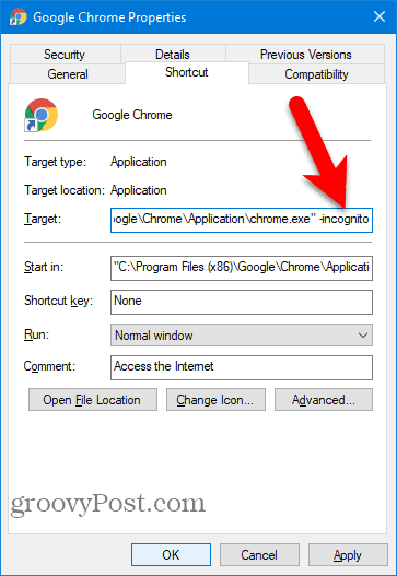 Adăugați -incognito la comanda rapidă Chrome Desktop
