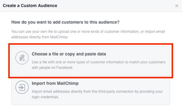 Selectați Alegeți un fișier sau copiați și lipiți datele pentru a crea publicul dvs. de e-mail personalizat Facebook.