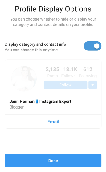 Selectarea și afișarea categoriei profilului de creator Instagram.