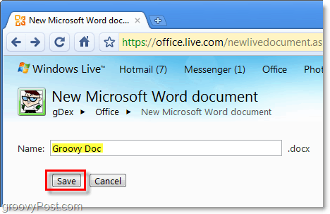 numește-ți documentul word și salvează-l în aplicația web live de la Office