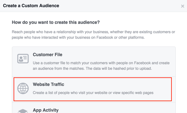 Creați un public personalizat pe Facebook pe baza traficului site-ului web.