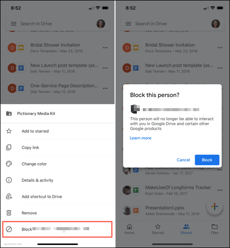 Blocați un utilizator în Google Drive pe mobil