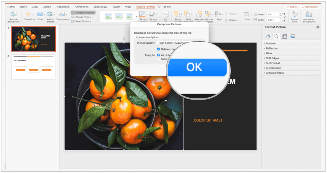 Selectarea compreselor PowerPoint Mac