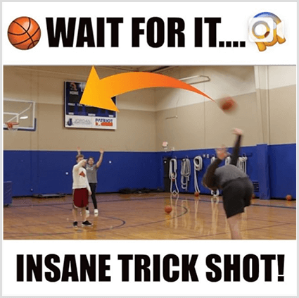O imagine miniatură a unei postări video pe Instagram are bare albe și text negru deasupra și dedesubtul imaginii unui bărbat alb care face un truc împușcat cu un baschet într-o sală de sport. Textul de sus are un emoji de baschet și textul Așteptați-l. Textul de jos spune Insane Trick Shot!