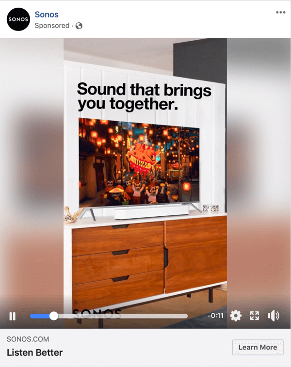Exemplu de anunț video Facebook de la Sonos.