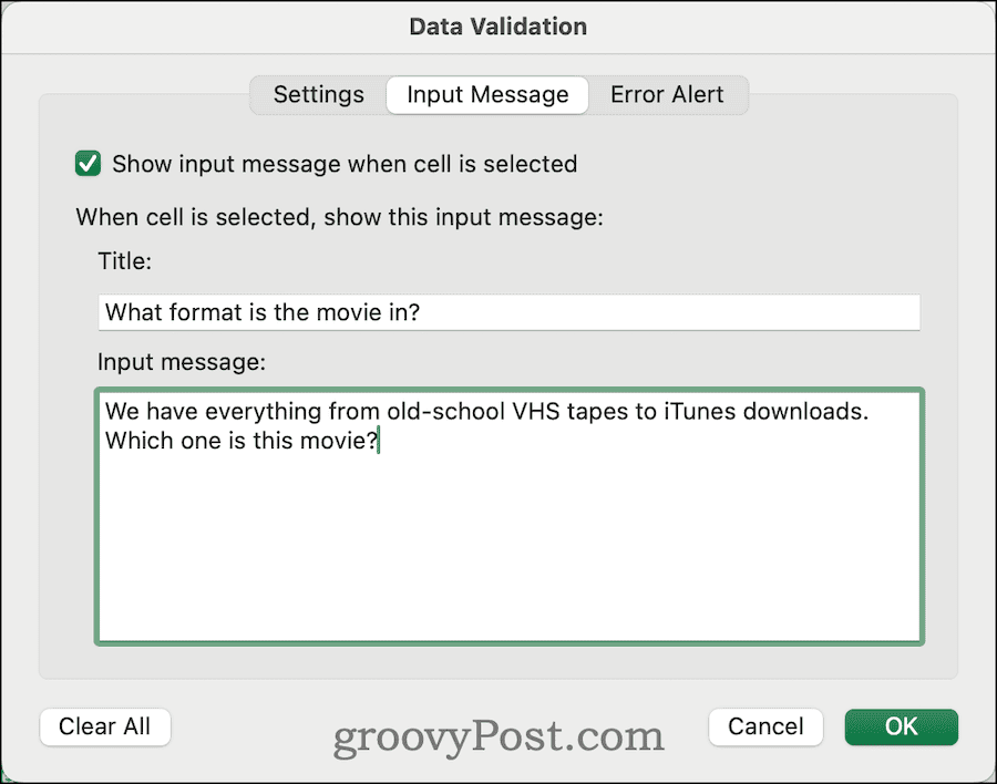 introducerea unui mesaj personalizat de intrare în validarea datelor