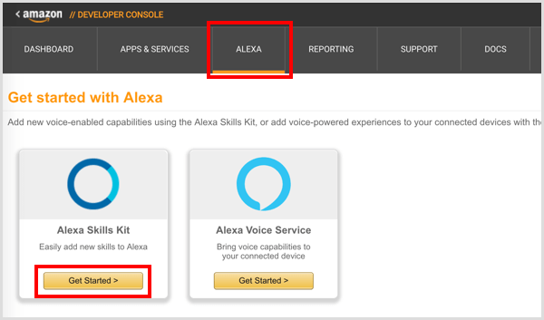 Faceți clic pe butonul Începeți de sub Alexa Skills Kit.