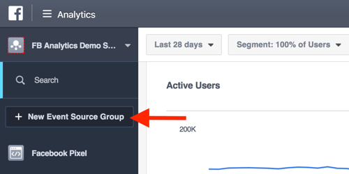 Creați grupuri sursă de evenimente din tabloul de bord Facebook Analytics.
