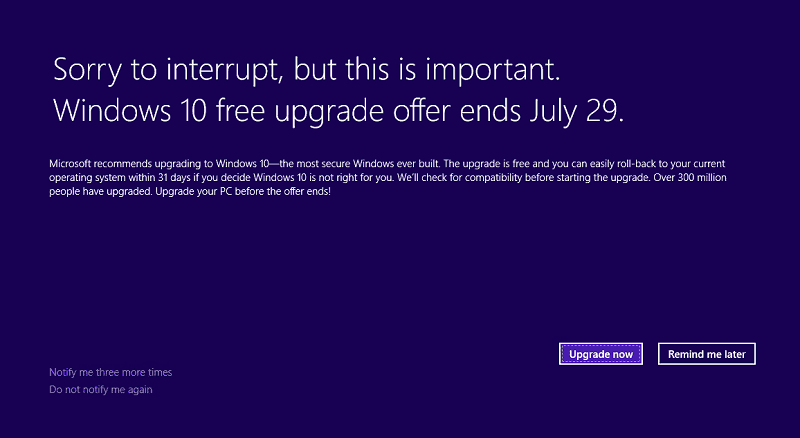 Microsoft publică notificarea finală a ofertei de upgrade gratuite pentru Windows 10