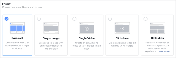 Opțiuni de format pentru reclame Facebook