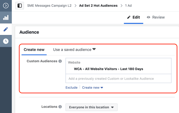 Cum să convertiți vizitatorii site-ului web cu anunțuri Facebook Messenger, pasul 2, să creați un public personalizat al site-ului web