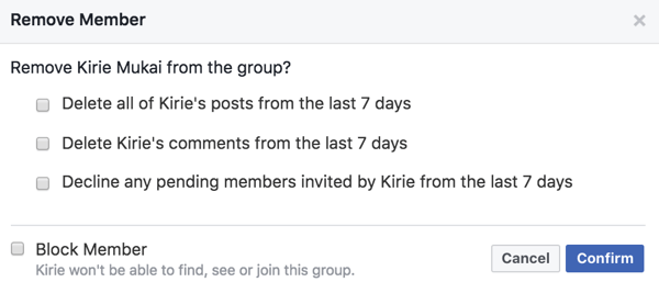 Puteți șterge postările, comentariile și invitațiile membrilor când le eliminați din grupul dvs. Facebook.