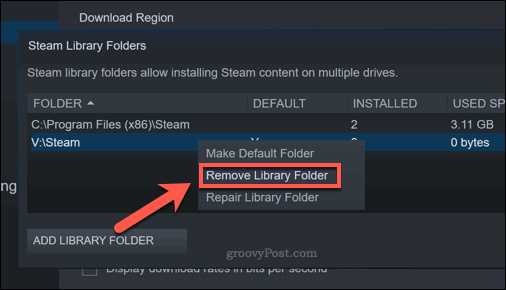 Eliminarea unui folder Steam Library