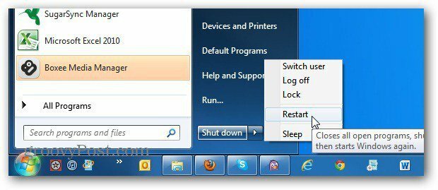 Schimbați Windows 7 Butonul de pornire a meniului pentru a reporni întotdeauna