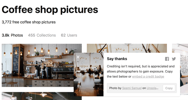 După ce ați descărcat o imagine, Unsplash vă va sugera să vă mulțumim, acordând credit fotografului.