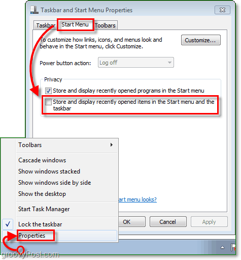 Cum să dezactivați și să ștergeți Windows 7 Istoricul listelor de salturi