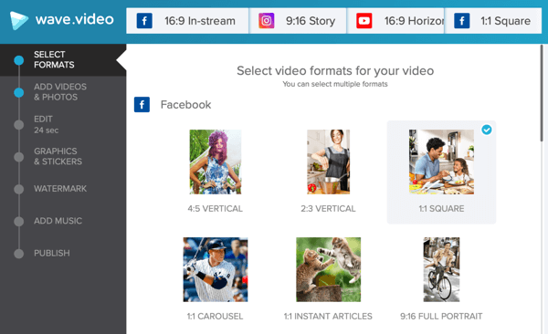 Elaborați o strategie de socializare video, creați videoclipuri cu Wave.video, opțiuni șablon facebook.