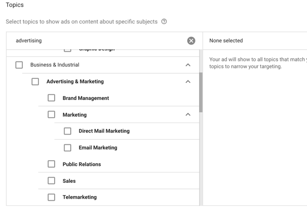 Cum să configurați o campanie publicitară YouTube, pasul 32, exemple de subiecte relevante pentru „publicitate”