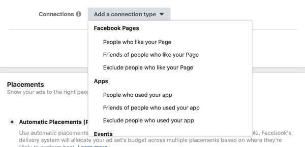 Adăugați opțiuni de tip conexiune pentru o campanie de anunțuri potențiale Facebook.
