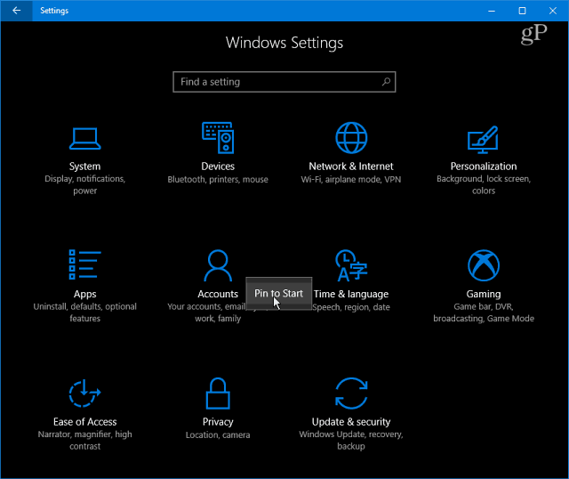 Categorii de setări Windows 10
