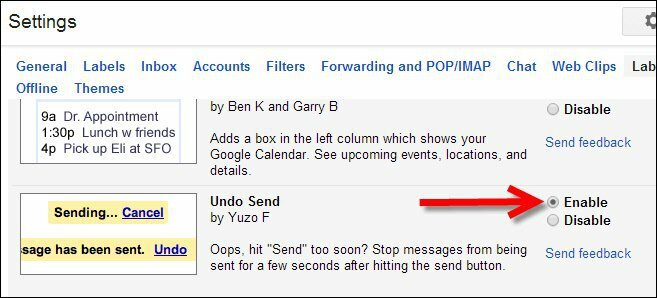Mod de activare Anulați trimiterea pentru articole trimise GMail