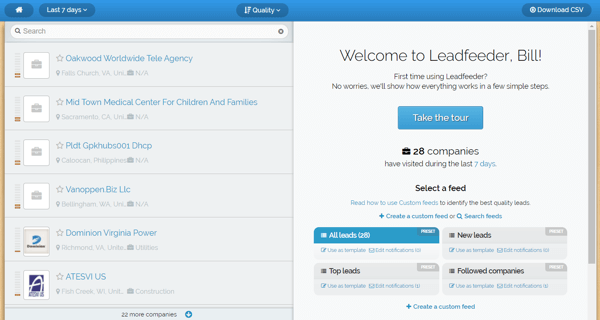 Leadfeeder oferă o încercare gratuită și veți vedea acest ecran după ce vă înscrieți.
