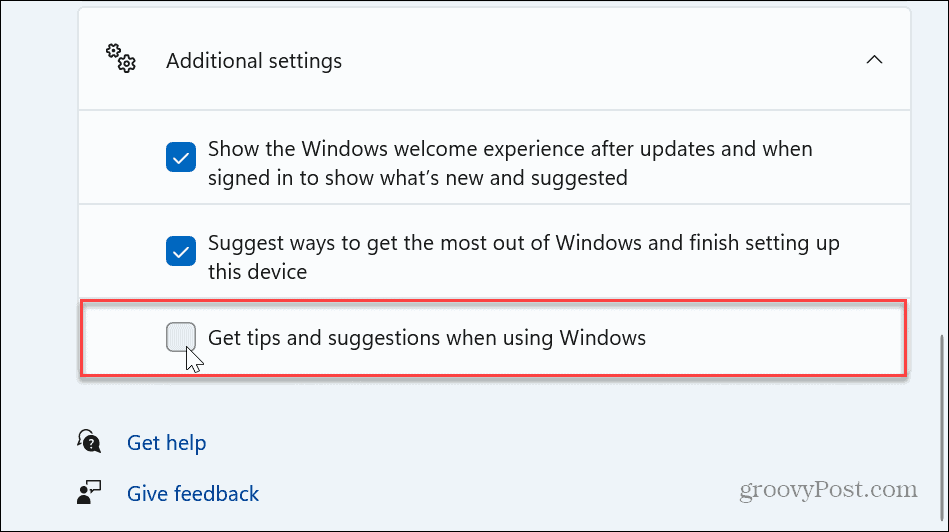 Dezactivați notificările privind sfaturile și sugestiile Windows 11